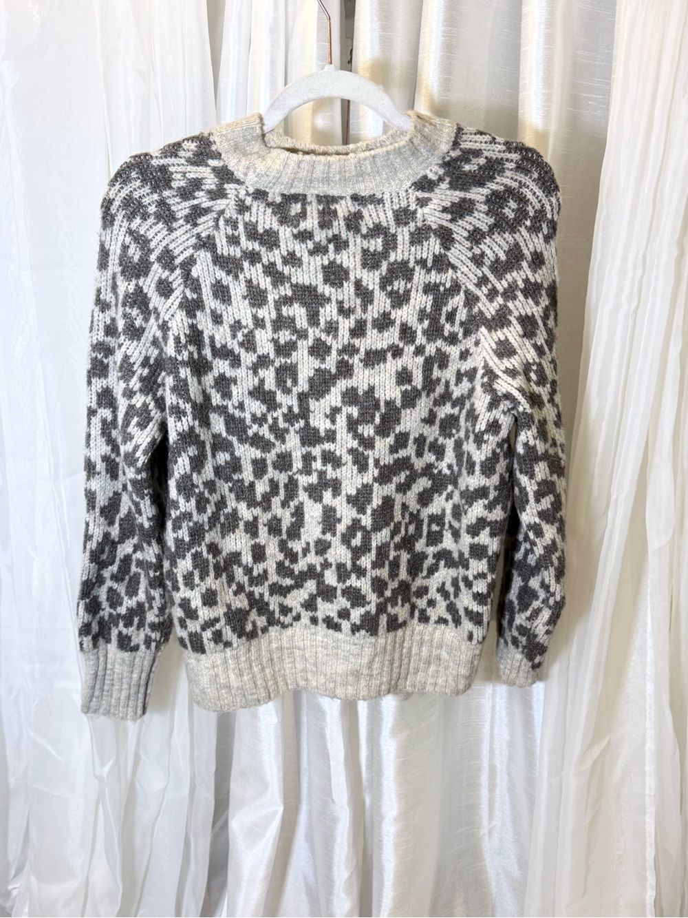Old Navy Gray and Cream Leopard-Print Crewneck Sweater